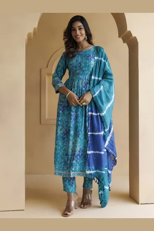 Jaipur Round Neck Piasley Printed Pleated Anarkali Kurta & Trouser With Dupatta