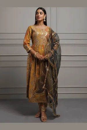 Jaipur Bandhani Printed Sequinned Anarkali Kurta With Palazzos & Dupatta