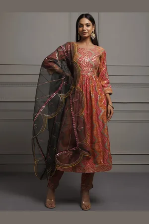 Jaipur Bandhani Printed Sequinned Anarkali Kurta With Palazzos & Dupatta