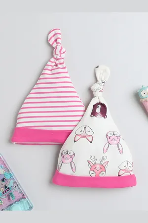 BUMZEE Infant Girls Pack Of 2 Printed Cotton Beanies