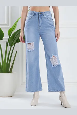 KASSUALLY Women Blue Flared Highly Distressed Light Fade Pure Cotton Jeans