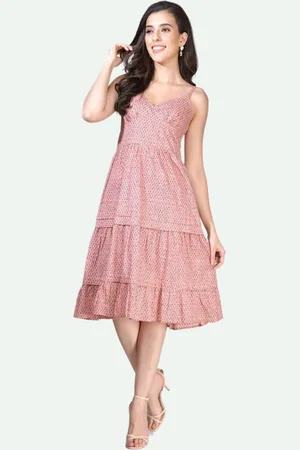 BEATNIK Shoulder Straps Micro Printed Fit & Flare Cotton Dress