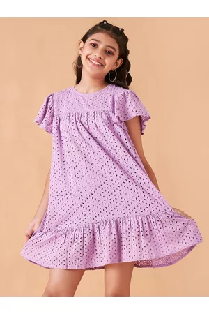 Cherry & Jerry Girls Self Design Flutter Sleeves Cotton A-Line Mini Dress
