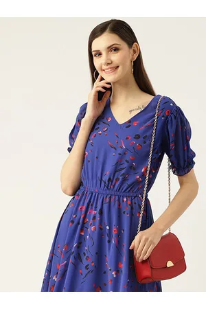 DressBerry Navy Blue Floral Printed V- Neck Maxi Dress