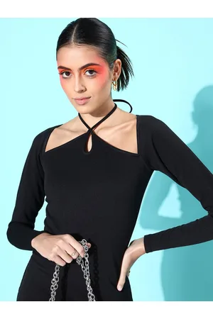 DressBerry Solid Tie-Up Neck Extended Sleeves Knitted Sheath Mini Dress