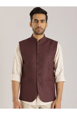 Indian Terrain Mandarin Collar Pure Linen Waistcoat
