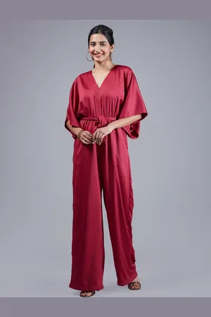 20Dresses V-Neck Batwing Sleeve Waist Tie-Ups Satin Basic Jumpsuit