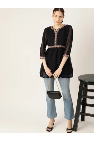 DressBerry Floral Embroidered Puff Sleeve Dobby Longline Top