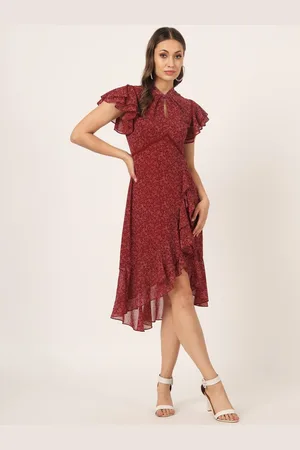 BEATNIK Floral Printed Flutter Sleeves Ruffles Fit & Flare Midi Dress