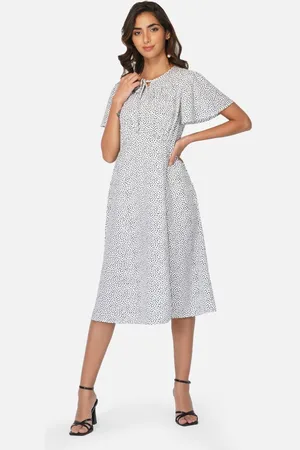 BEATNIK Polka Dots Printed Flared Sleeves A-Line Midi Dress