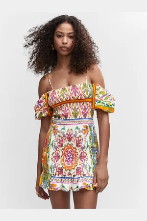 MANGO Cotton Printed Cold-Shoulder A-Line Mini Dress