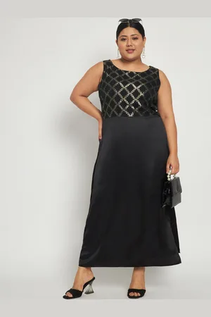 HERE&NOW Black Plus Size Self Design Satin Maxi Dress