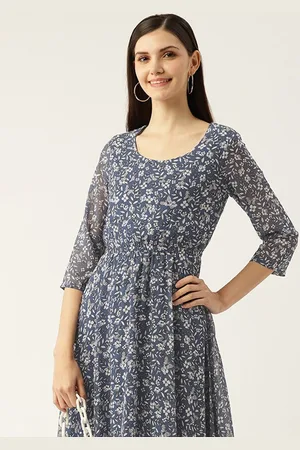 DressBerry Blue & white Floral Printed Georgette Fit & Flare Midi Dress