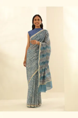 Taneira Floral Printed Zari Silk Cotton Block Print Saree