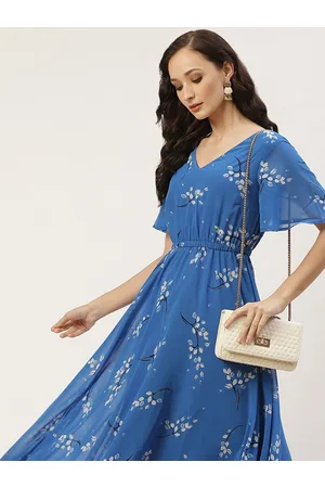 DressBerry Blue Floral Printed V-Neck Flared Sleeve Georgette Fit & Flare Midi Dress