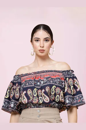 BAESD Paisley Printed Off Shoulder Flared Sleeve Bardot Top