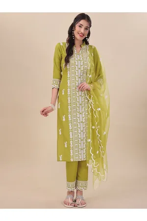 Inddus Green Floral Embroidered Thread Work Straight Kurta & Trousers With Dupatta