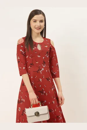 DressBerry Red Floral Printed Key Hole Neck Cold-Shoulder A-Line Dress