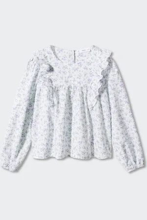 MANGO Floral Print Puff Sleeve Ruffles Cotton Top