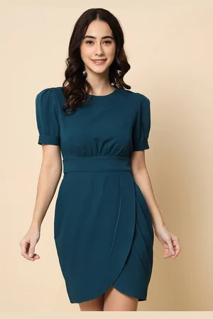 BEATNIK Puff Sleeves Pleated Tulip Hem Sheath Dress