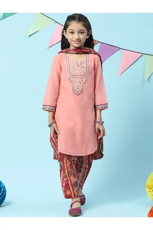 Biba Girls Embroidered Regular Kurta With Salwar & Dupatta