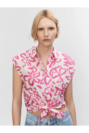MANGO Cotton Floral Print Tie-Up Shirt