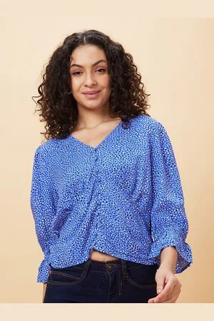 Globus Blue Polka Dots Printed V-Neck Gathered Detailed Regular Top