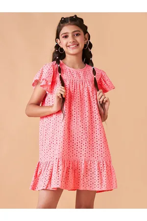 Cherry & Jerry Girls Self Design Flutter Sleeves Cotton A-Line Mini Dress