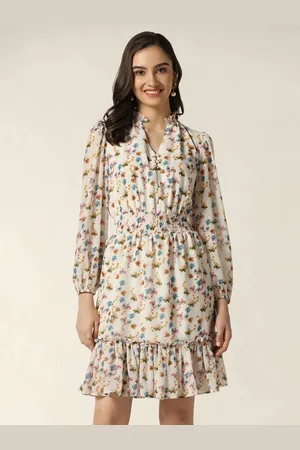 BEATNIK Mandarin Collar Floral Print A-Line Dress