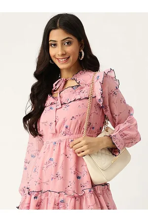 DressBerry Pink Floral Printed Tie-Up Neck Cuffed Sleeve Georgette Fit & Flare Dress