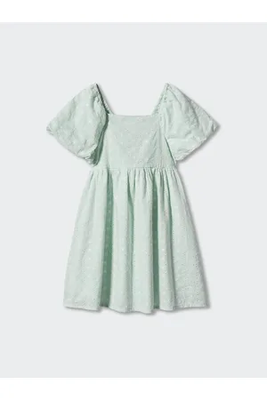 MANGO Floral Embroidered Puff Sleeve Fit & Flare Dress