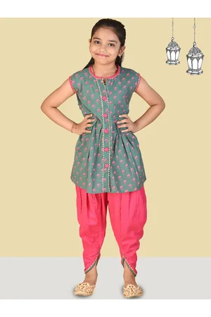 Kids On Board Girls Floral Printed Gotta Patti Pure Cotton A-Line Kurta With Dhoti Pants