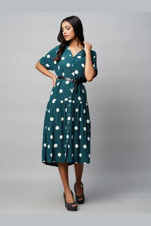 Chemistry Polka Dots Printed Shirt Collar Belted Flared Sleeve Tiered Shirt Dress