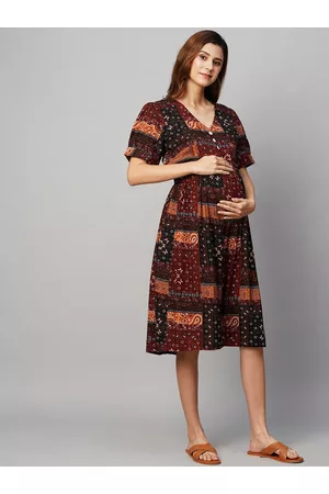 MomToBe Ethnic Motifs Printed Puffed Sleeve Maternity Fit & Flare Dress