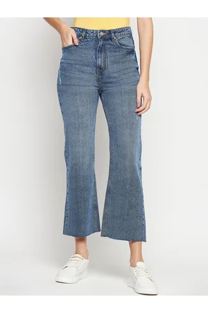 MADAME Women Low Distress Light Fade Cropped Bootcut Jeans
