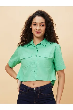 Globus Green Regular Fit Spread Collar Cotton Casual Crop Shirt
