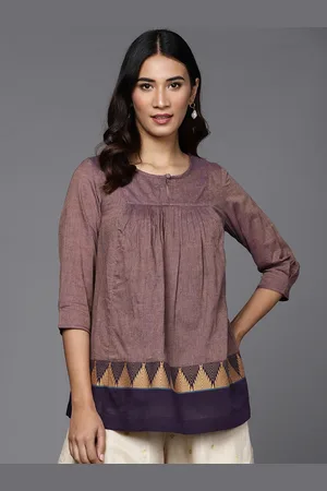 Fabindia Purple & Beige Dual-Toned Pure Cotton Pleated A-Line Top