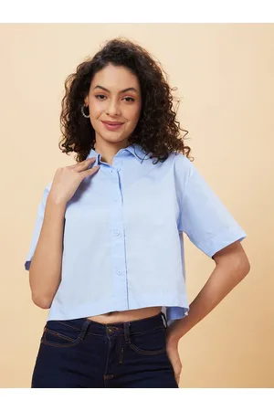 Globus Blue Regular Fit Spread Collar Cotton Casual Crop Shirt