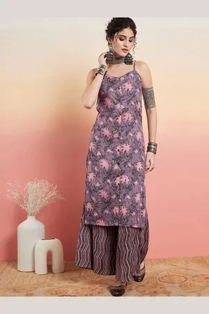 InWeave Mauve-Coloured Floral Printed Straight Kurta with Palazzos