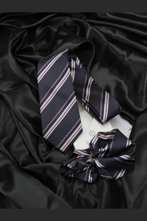 KOVOVE Men Navy Blue & White Pack of 2 Striped Tie & Pocket Square Set