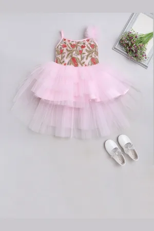 MANY FROCKS & Girls Floral Embroidered Shoulder Straps High-Low Hem Fit & Flare Dress