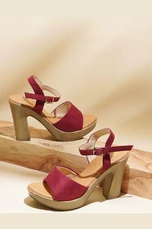 DressBerry Burgundy Open Toe Suede Platform Heels With Buckle Closure