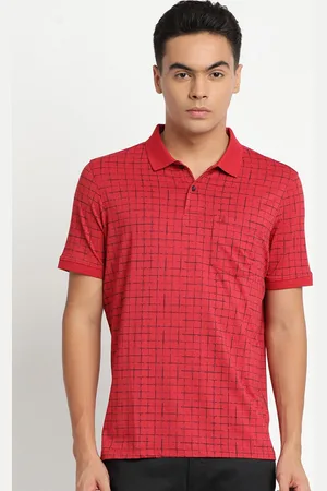 Turtle Men Red Checked Pure Cotton Polo Collar Slim Fit T-shirt