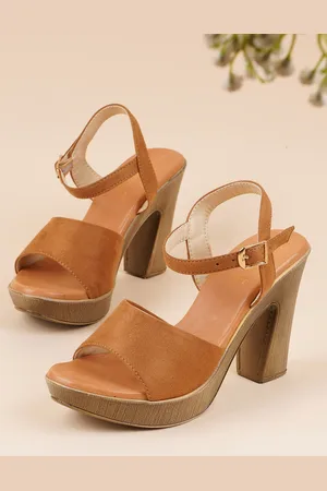 DressBerry Tan Brown Open Toe Suede Platform Heels With Buckle Closure