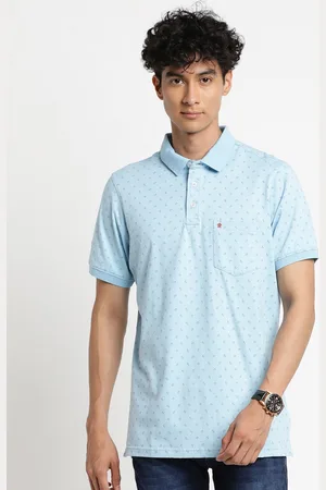 Turtle Men Blue Printed Polo Collar Cotton Slim Fit T-shirt