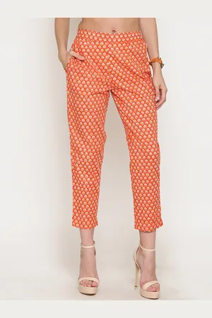 Sera Women Orange & Off-White Straight Fit Printed Cigarette Trousers