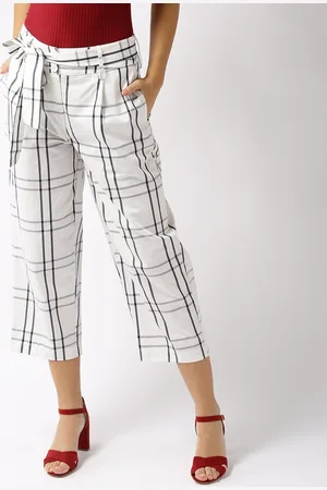 Sera Women White Regular Fit Checked Parallel Trousers