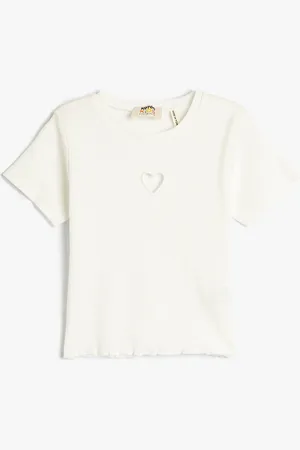 Koton Girls Cut-Out Round Neck Cotton Casual T-Shirt