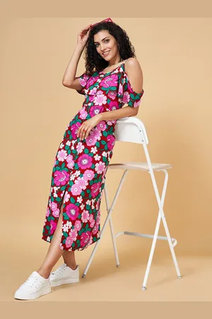 Pantaloons Floral Printed Cold-Shoulder A-Line Midi Dress
