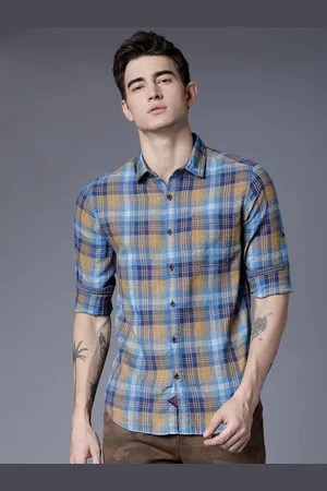 LocoMotive Men Blue & Khaki Slim Fit Checked Casual Shirt